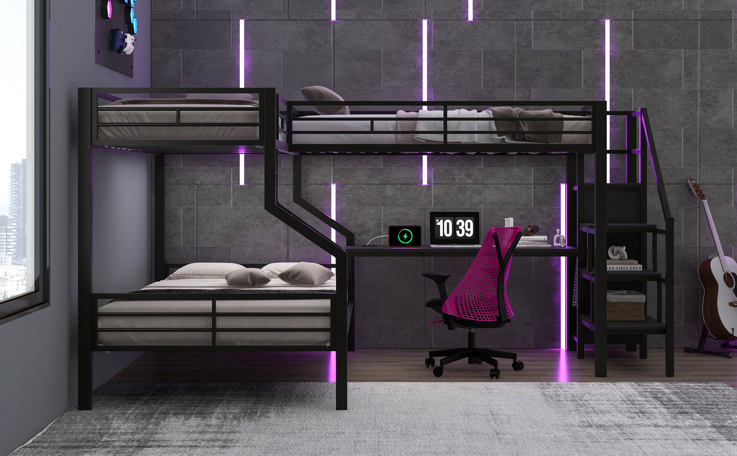 Black Metal Bunk Bed with Built-In Wardrobe and Desk for Bedroom