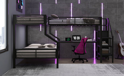 Black Metal Bunk Bed with Built-In Wardrobe and Desk for Bedroom