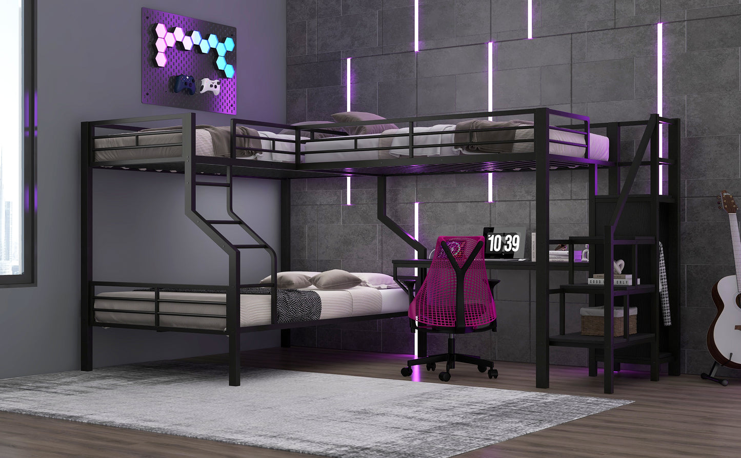 Black Metal Bunk Bed with Built-In Wardrobe and Desk for Bedroom