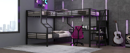 Black Metal Bunk Bed with Built-In Wardrobe and Desk for Bedroom