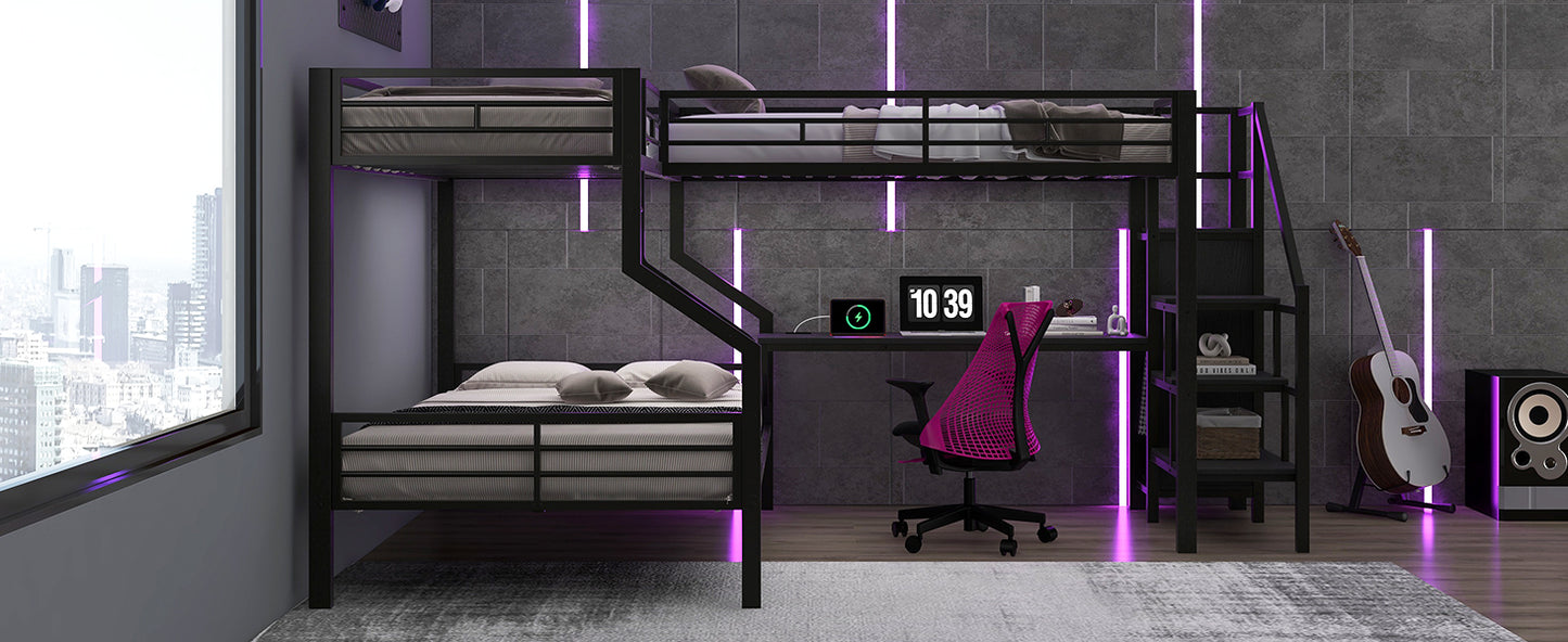 Black Metal Bunk Bed with Built-In Wardrobe and Desk for Bedroom