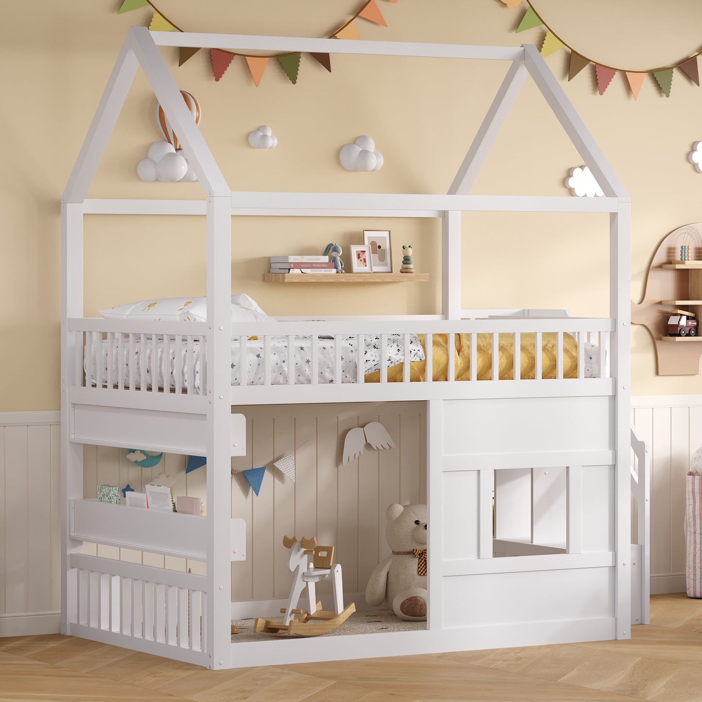 Wooden House Bed with Built-in Shelf – White & Sturdy