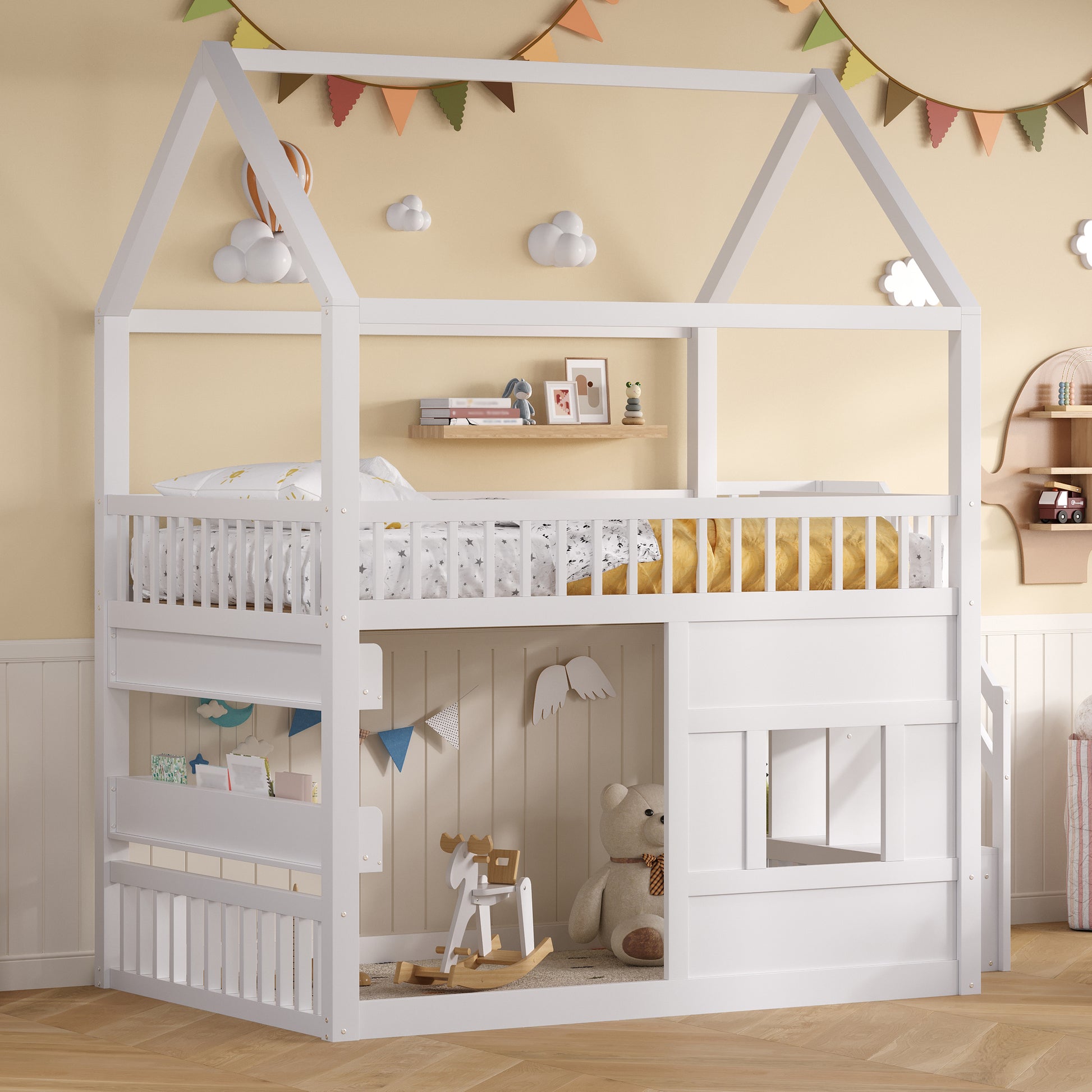 Wooden House Bed with Built-in Shelf – White & Sturdy