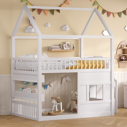 Wooden House Bed with Built-in Shelf – White & Sturdy