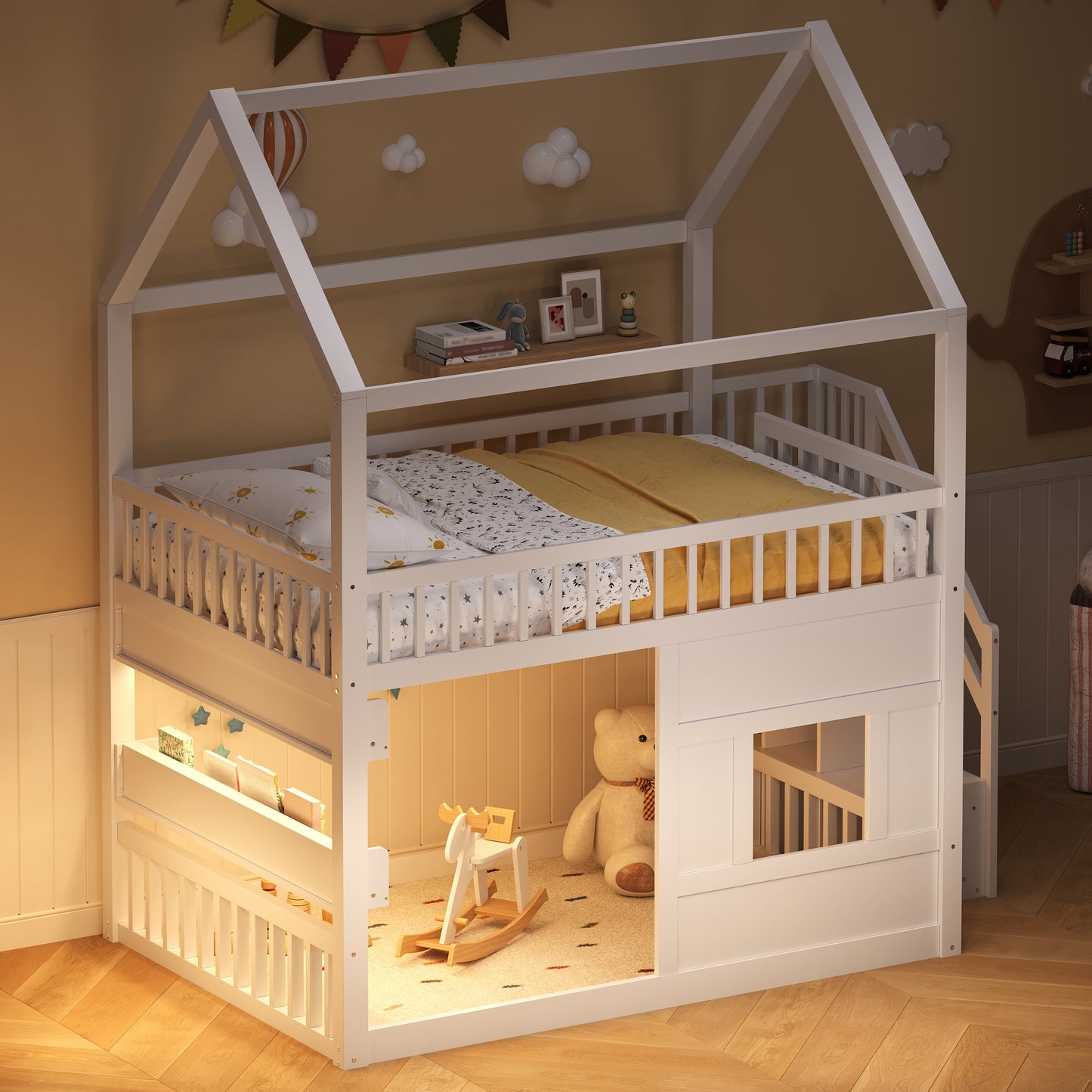 Wooden House Bed with Built-in Shelf – White & Sturdy