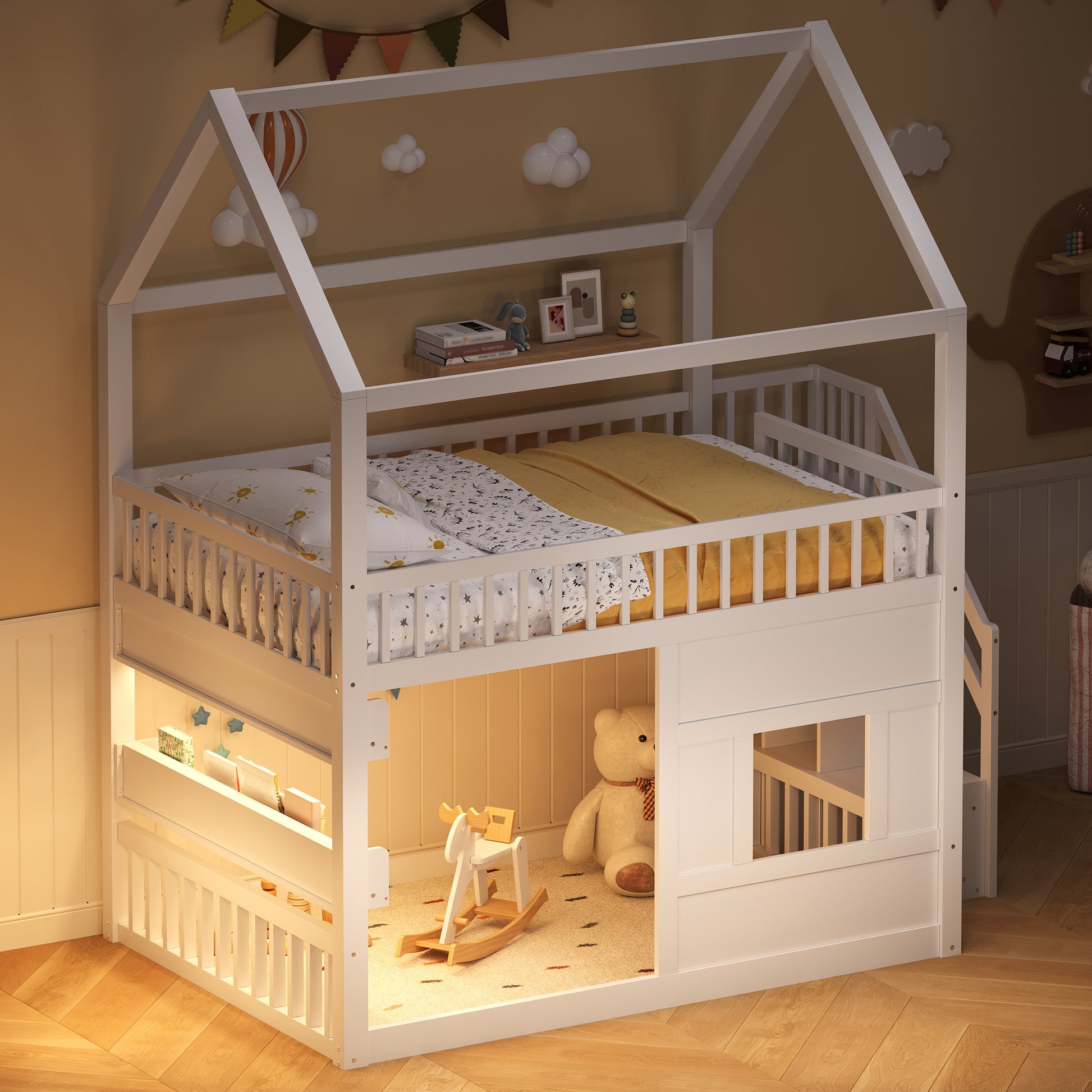 Wooden House Bed with Built-in Shelf – White & Sturdy