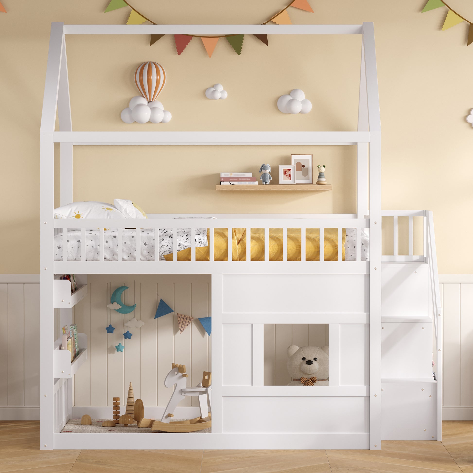 Wooden House Bed with Built-in Shelf – White & Sturdy