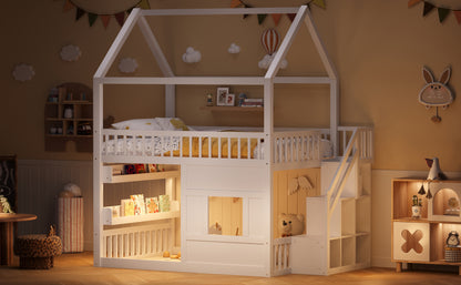 Wooden House Bed with Built-in Shelf – White & Sturdy