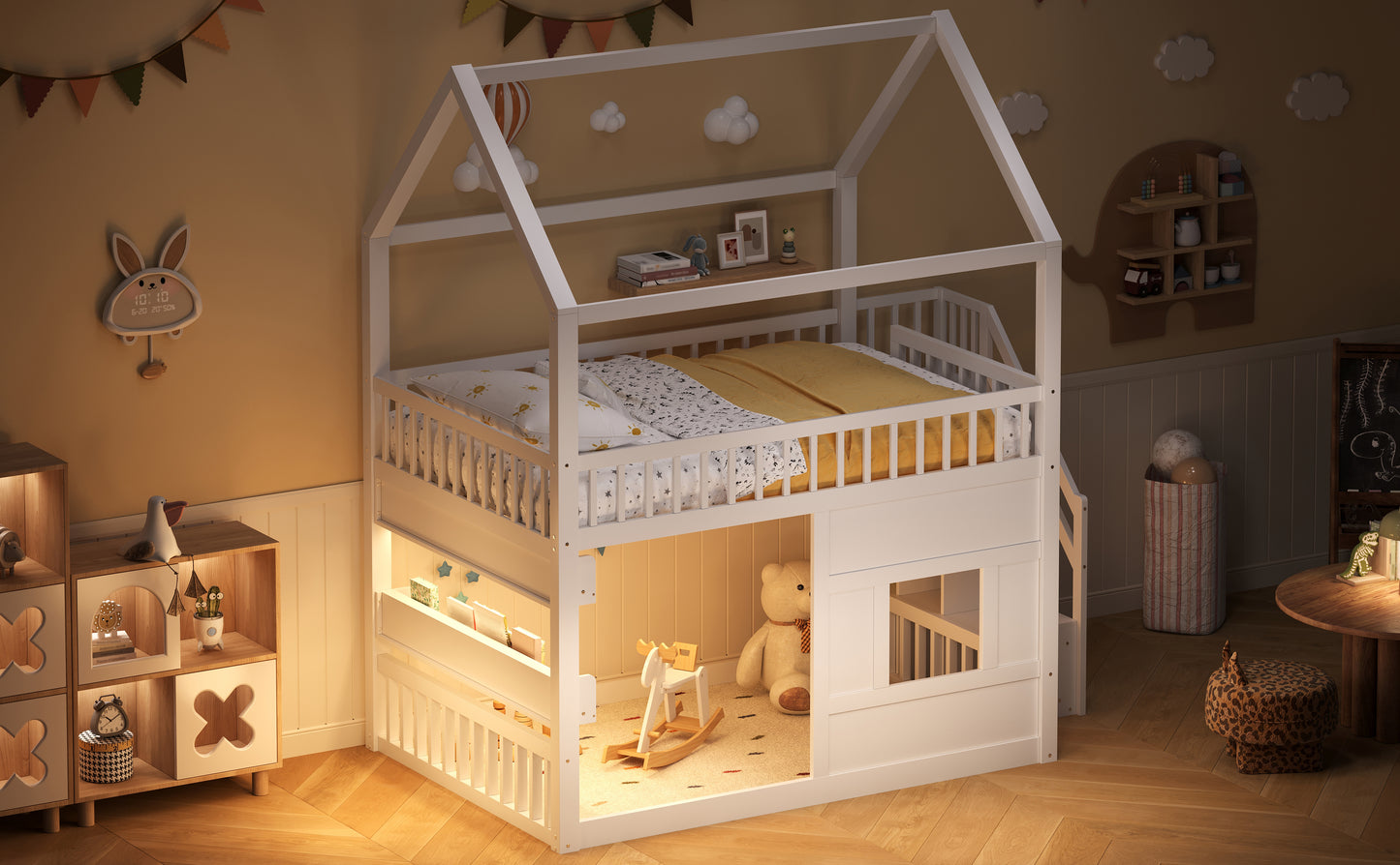 Wooden House Bed with Built-in Shelf – White & Sturdy