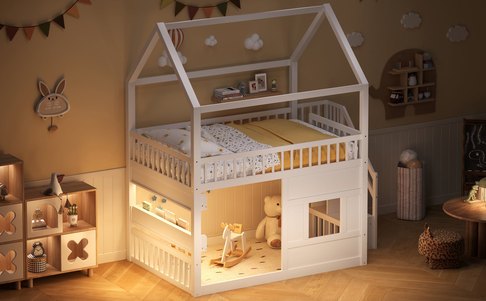 Wooden House Bed with Built-in Shelf – White & Sturdy