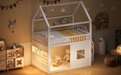 Wooden House Bed with Built-in Shelf – White & Sturdy