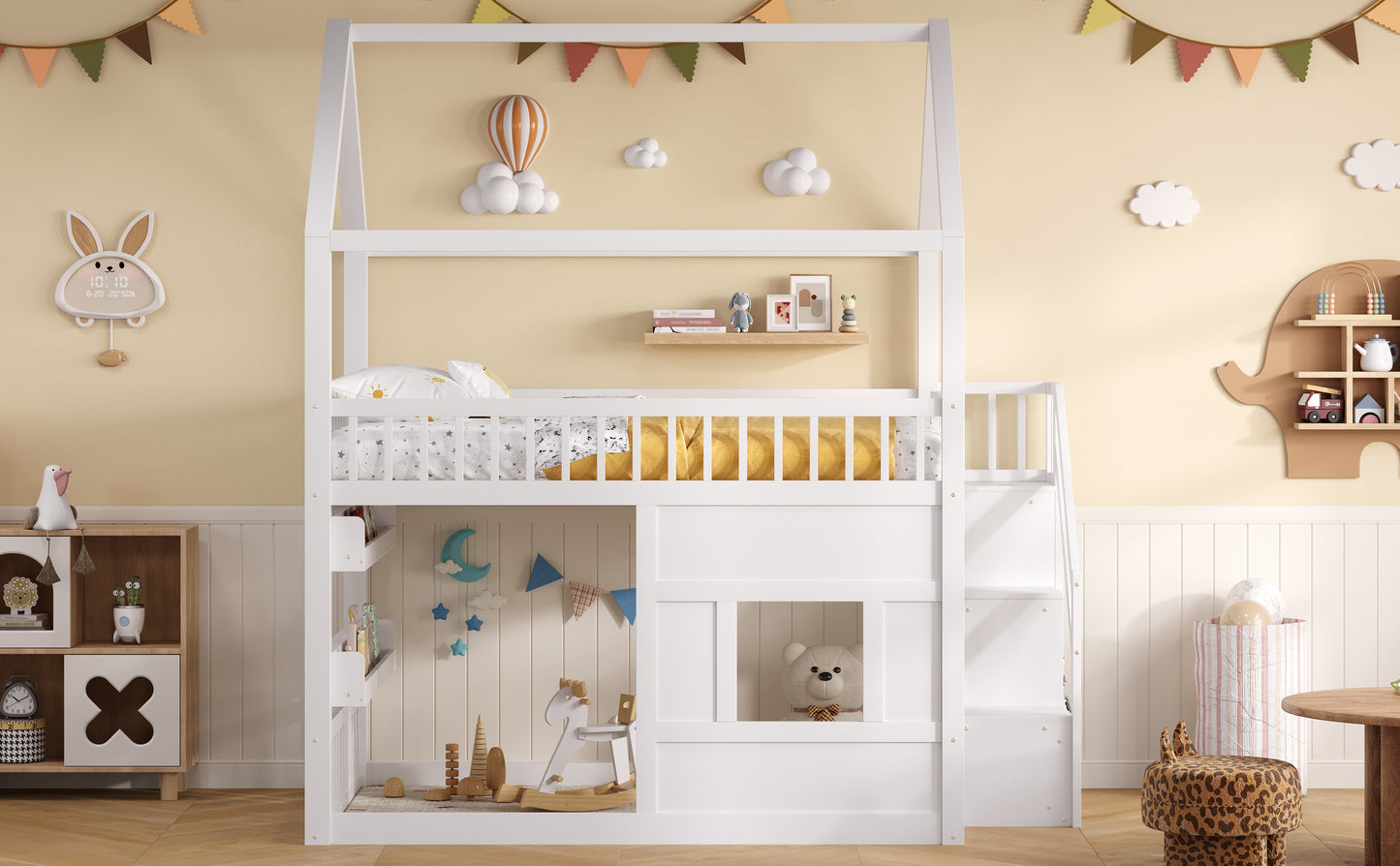 Wooden House Bed with Built-in Shelf – White & Sturdy
