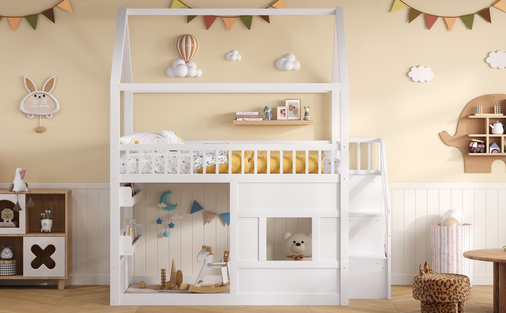 Wooden House Bed with Built-in Shelf – White & Sturdy