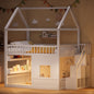 Full size Wooden House Bed with Built-in LED Shelf Light, white