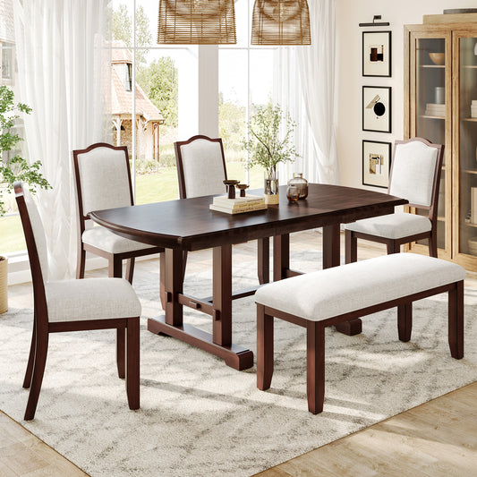 6-Piece Dining Table Set, 59 inch to 77 inch Extendable Wood Dining Table with Removable Leaf, Kitchen Table Set with 4 Upholstered Side Chair and Bench, Dining Table Set for 6 (Cherry)