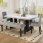 6 Piece Modern Dining Table Set, 63" Faux Marble Dining Table with Geometric Legs & 4 Upholstered Chairs & 1 Bench, Suitable for Dining Kitchen Room,Easy to Assemble, White+Gray