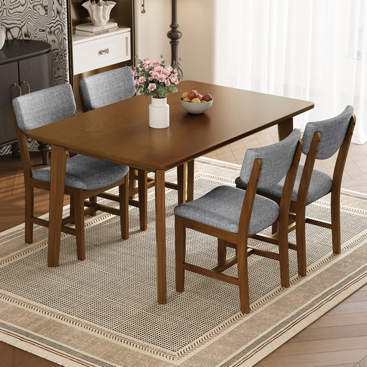Rustic 5-Piece Dining Set - 1 Solid Wood Table + 4 Upholstered Chairs, Farmhouse-Style Dining Furniture for Kitchen & Dining Room, Minimalist Dining Set for 4, Walnut