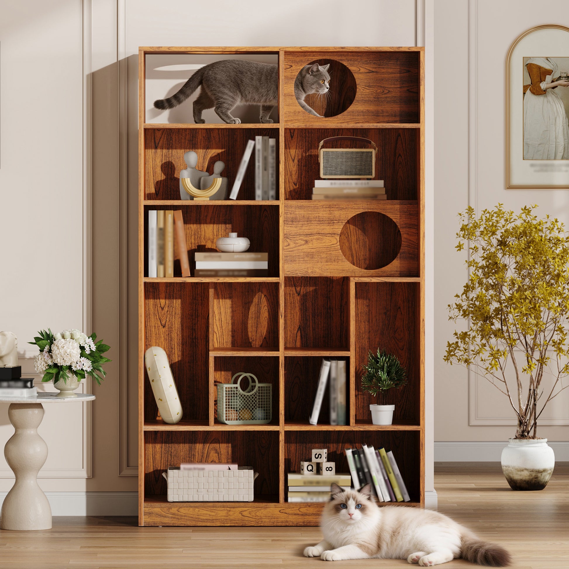 63.5" Brown Mid-Century Cat Bed Bookshelf - Vertical Storage