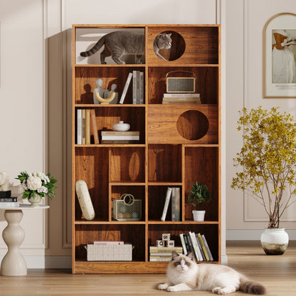 63.5" Brown Mid-Century Cat Bed Bookshelf - Vertical Storage