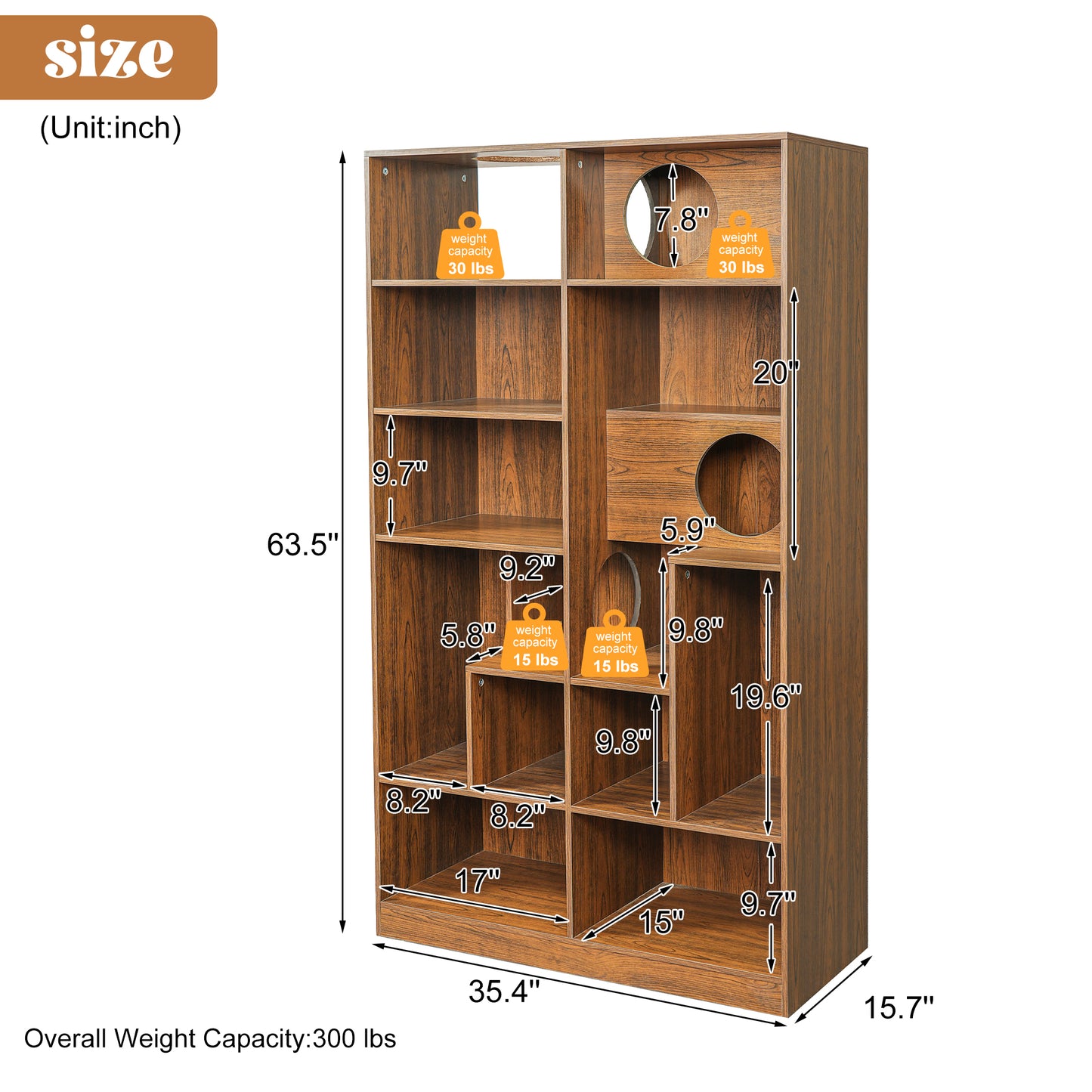 63.5" Brown Mid-Century Cat Bed Bookshelf - Vertical Storage