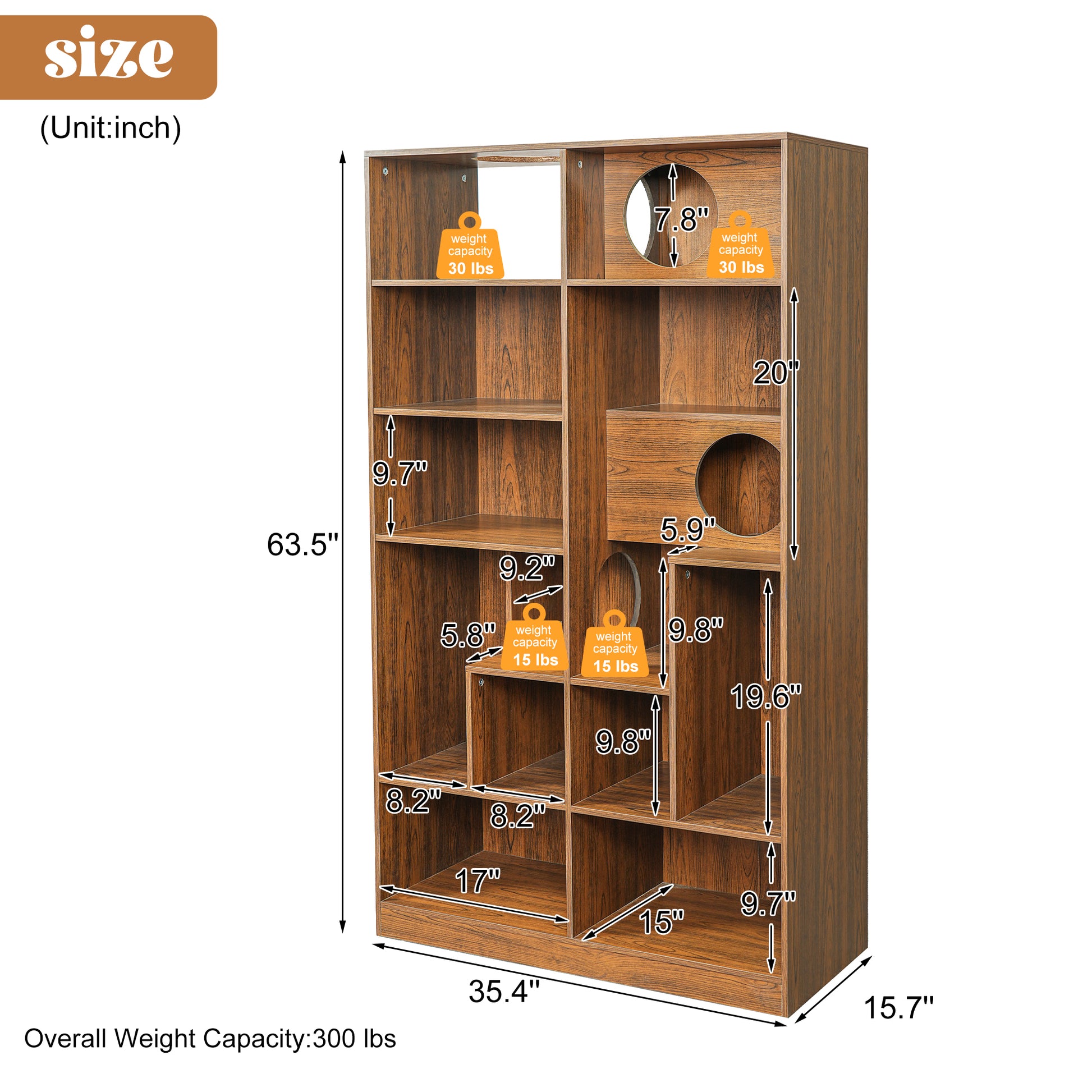 63.5" Brown Mid-Century Cat Bed Bookshelf - Vertical Storage