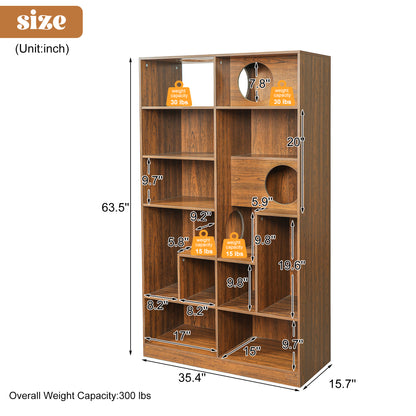 63.5" Brown Mid-Century Cat Bed Bookshelf - Vertical Storage