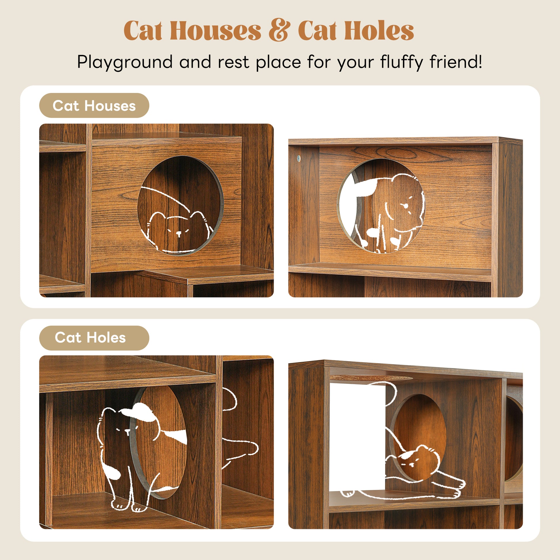 63.5" Brown Mid-Century Cat Bed Bookshelf - Vertical Storage