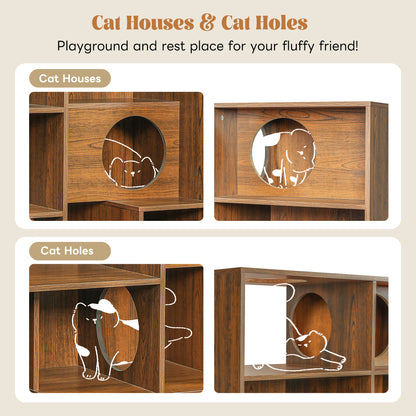 63.5" Brown Mid-Century Cat Bed Bookshelf - Vertical Storage