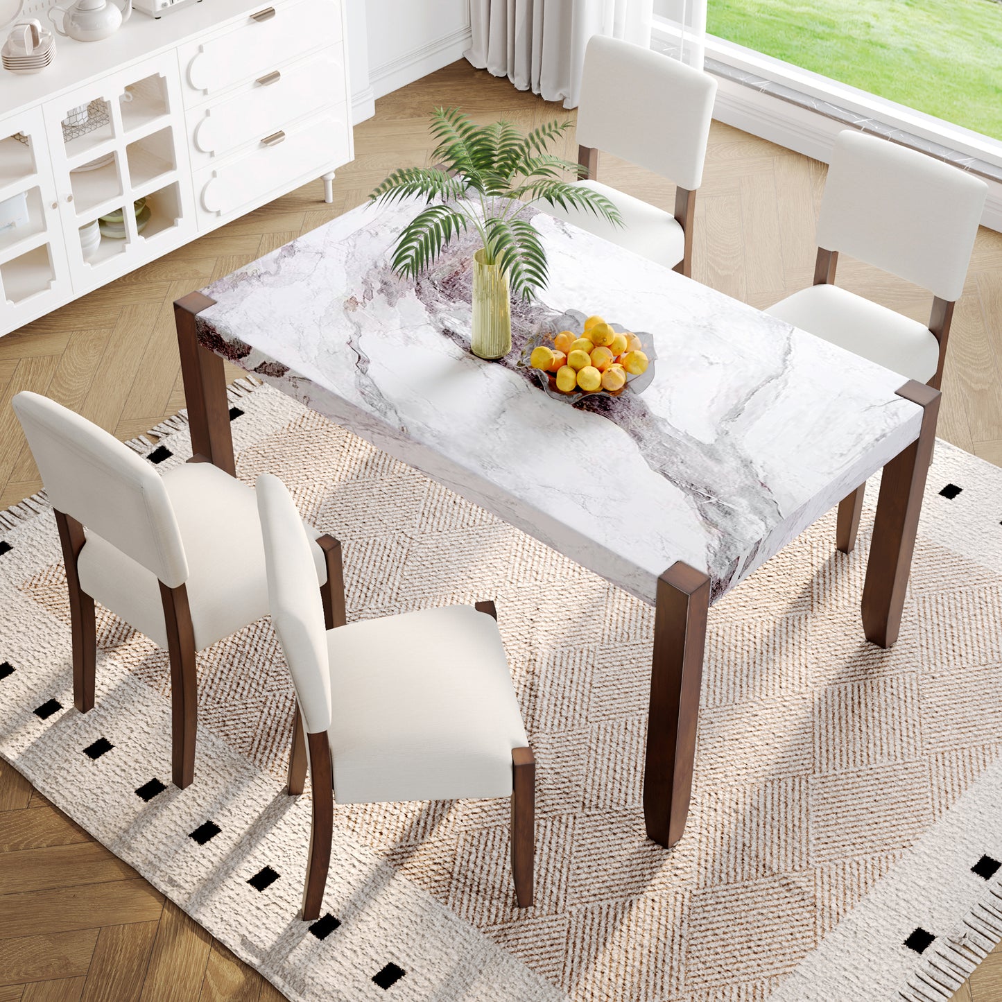 5-Piece Dining Table Set for 4, 46" Faux Marble Style Table and 4 Upholstered Chairs with Solid Rubberwood Legs, Padded Seat, Curved Backrest, Space-Saving Dinette Set for Dining Room, White-SQ000885