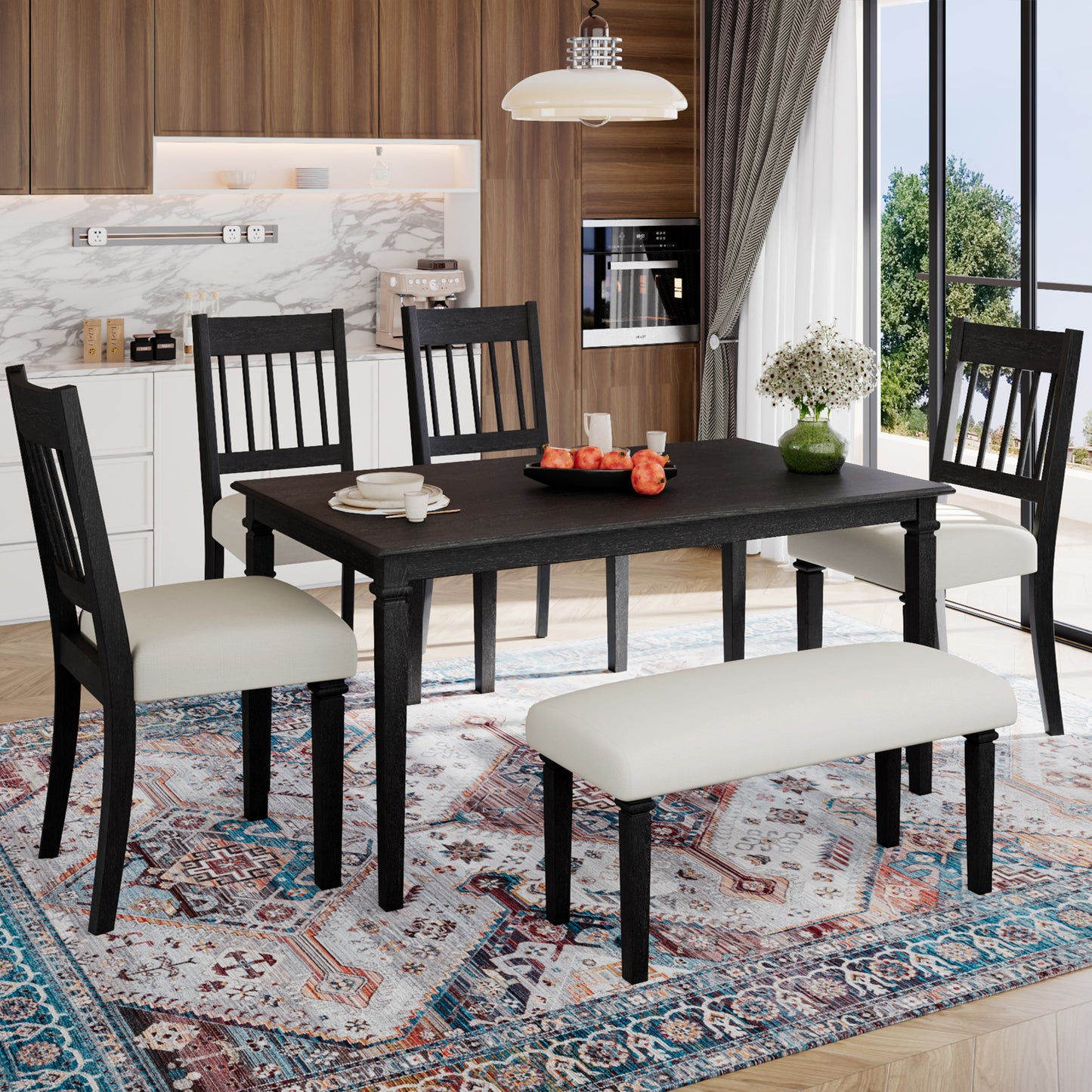 6-Piece Retro Dining Room Set, Classic Kitchen Furniture Set, Wooden Rectangular Table and 4 Chairs with Bench for kitchen & Dining Room, Easy Assembly, Space Saving, DOVETAIL GREY (N752S000031)