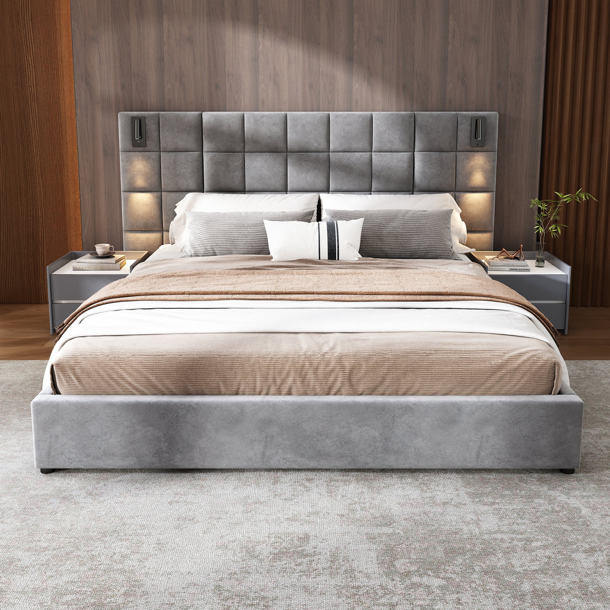 King Size Upholstered Bed Frame - Gray Velvet, Wide Headboard with USB Port