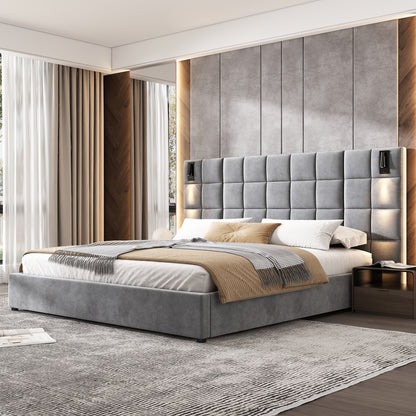 King Size Upholstered Bed Frame - Gray Velvet, Wide Headboard with USB Port