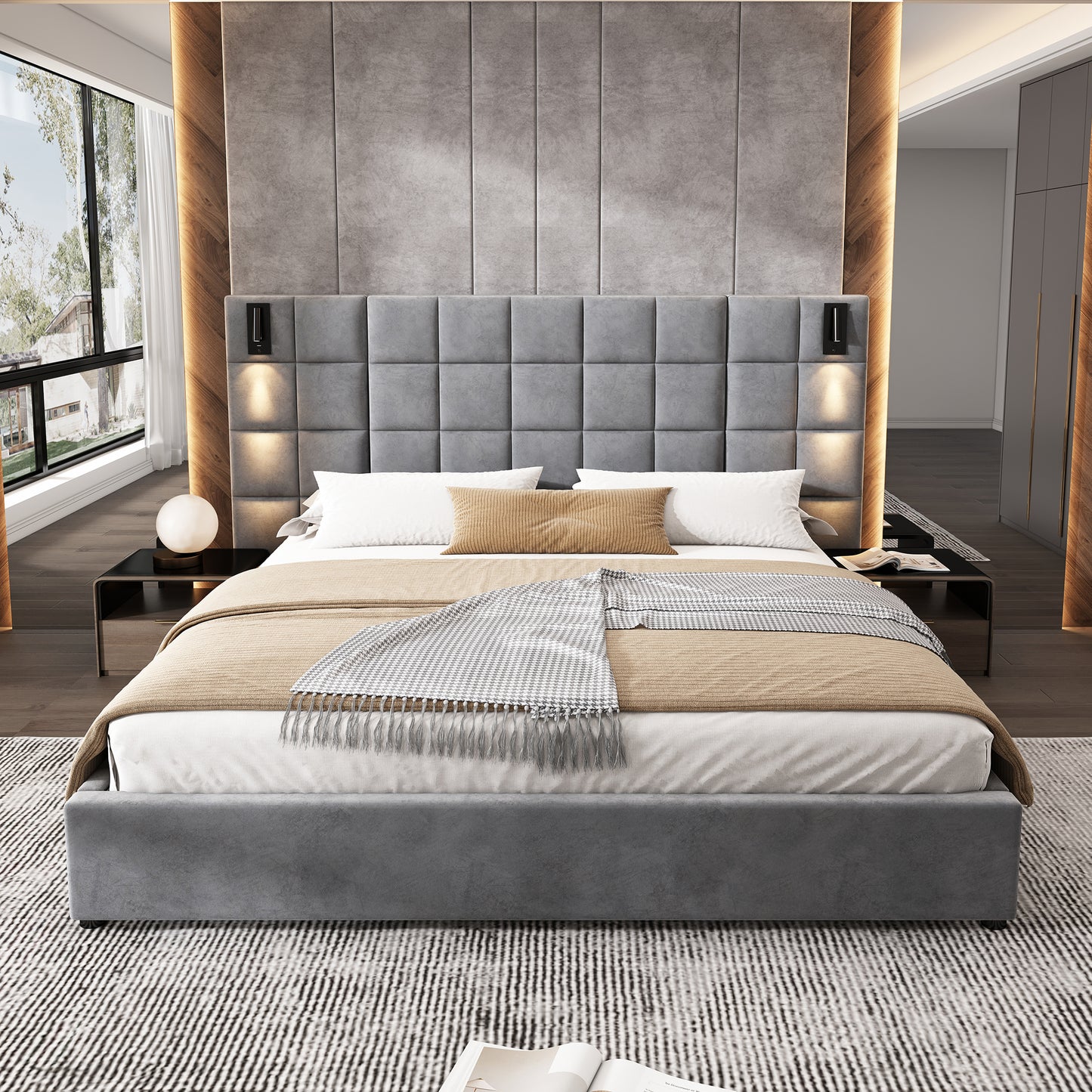 King Size Upholstered Bed Frame - Gray Velvet, Wide Headboard with USB Port