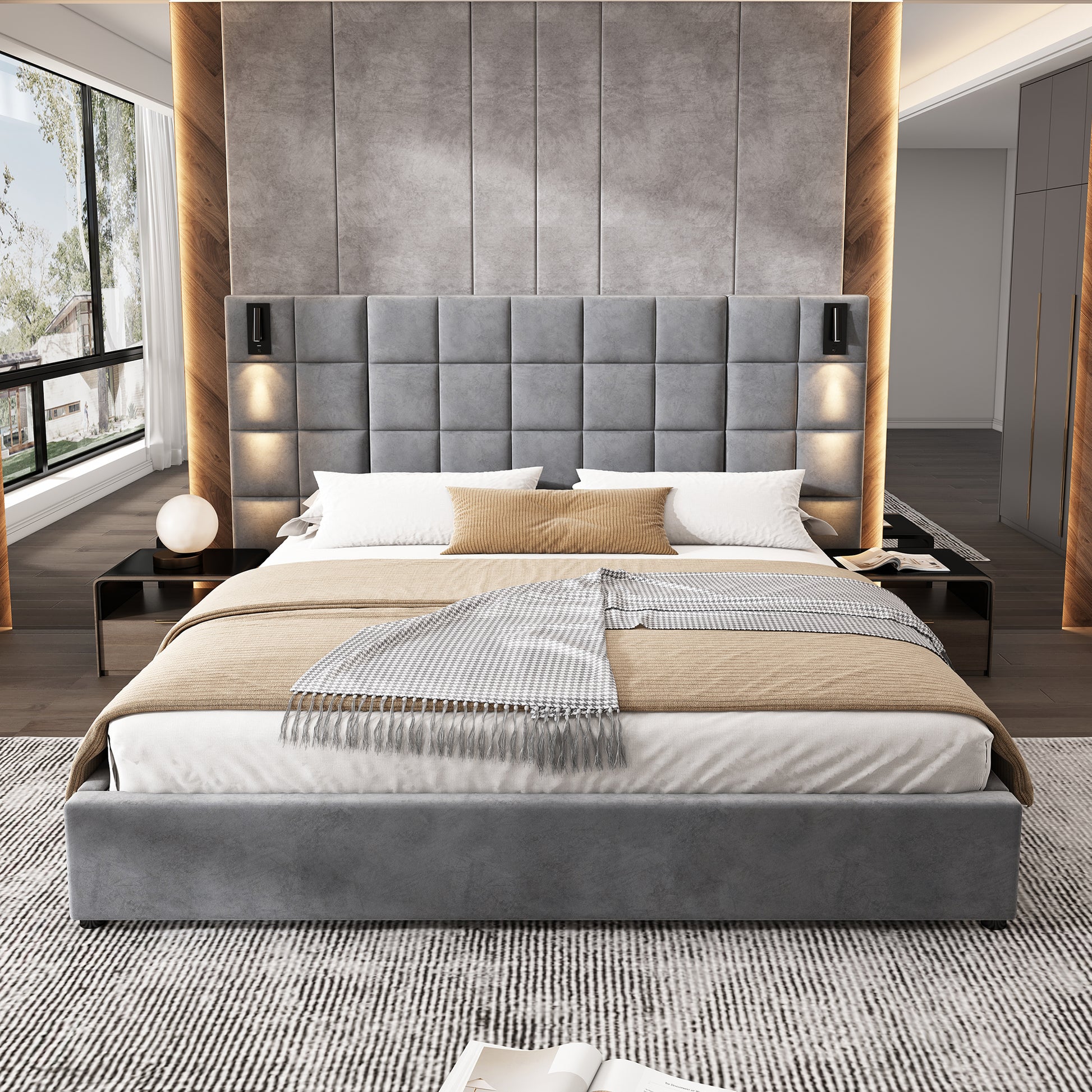 King Size Upholstered Bed Frame - Gray Velvet, Wide Headboard with USB Port