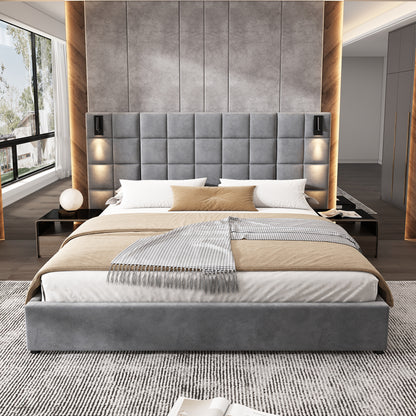 King Size Upholstered Bed Frame - Gray Velvet, Wide Headboard with USB Port