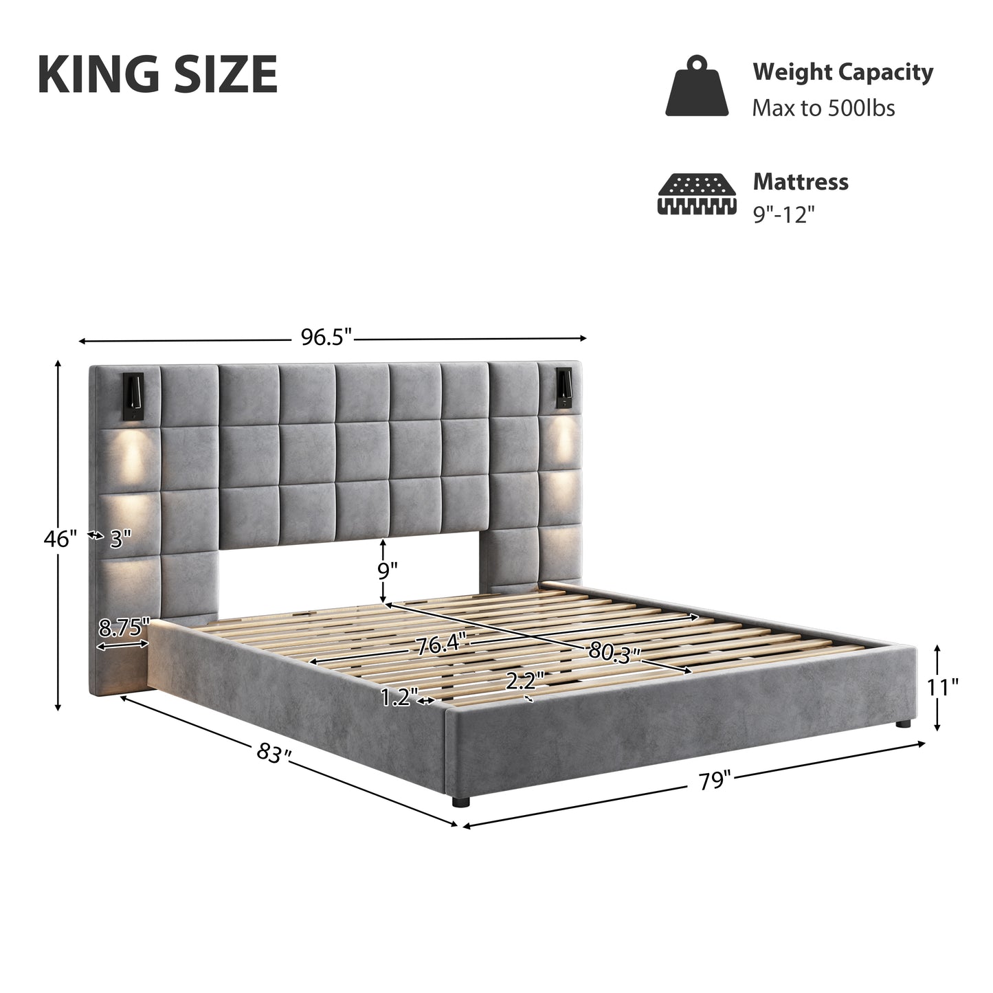 King Size Upholstered Bed Frame - Gray Velvet, Wide Headboard with USB Port