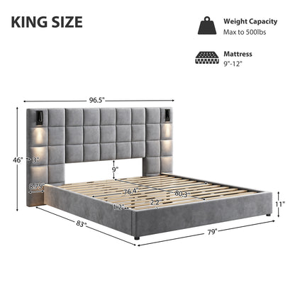 King Size Upholstered Bed Frame - Gray Velvet, Wide Headboard with USB Port