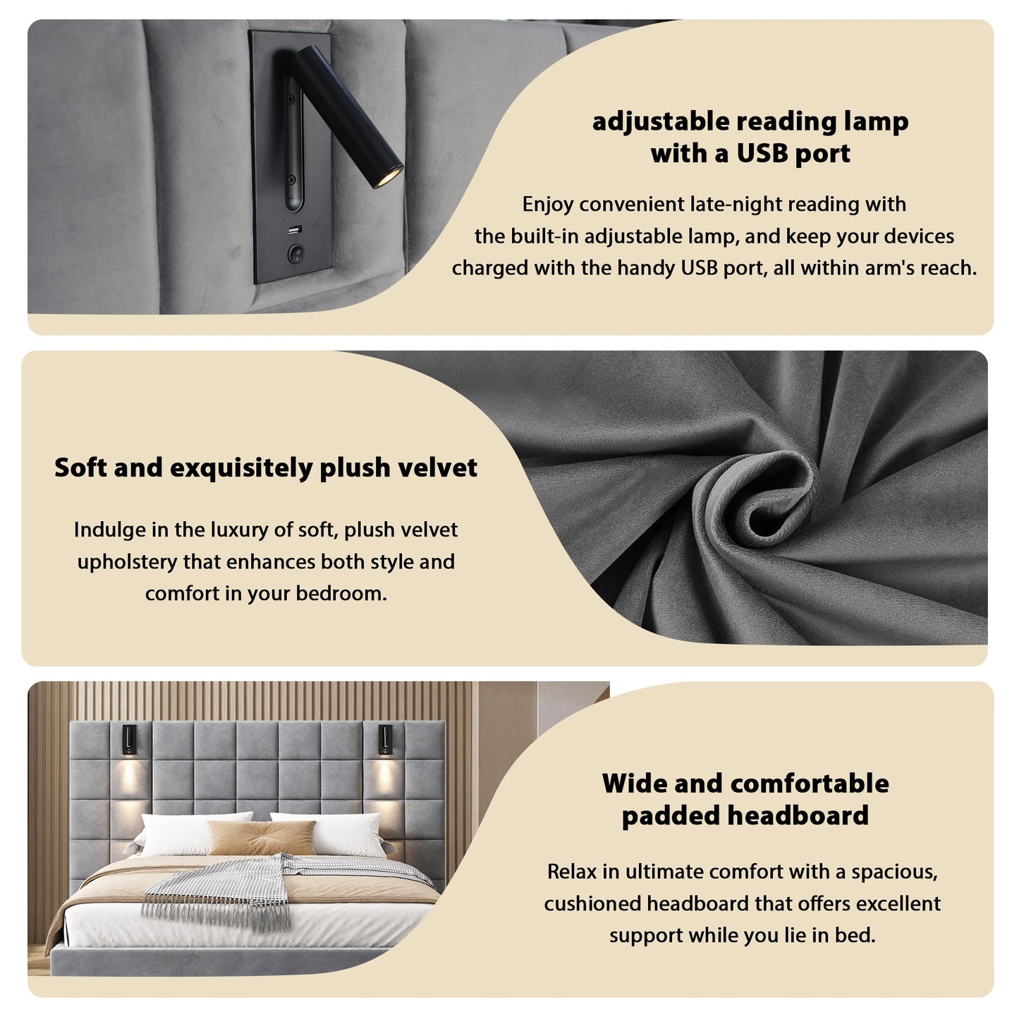 King Size Upholstered Bed Frame - Gray Velvet, Wide Headboard with USB Port
