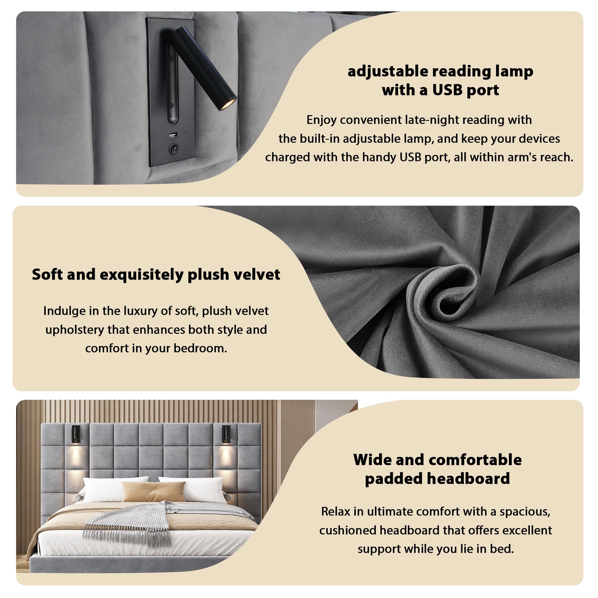King Size Upholstered Bed Frame - Gray Velvet, Wide Headboard with USB Port