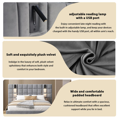 King Size Upholstered Bed Frame - Gray Velvet, Wide Headboard with USB Port