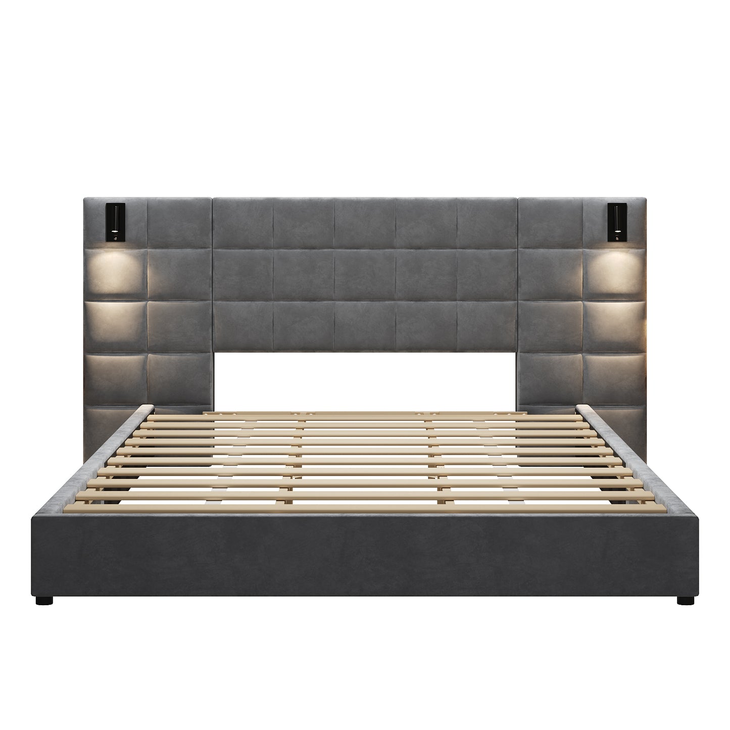 King Size Upholstered Bed Frame - Gray Velvet, Wide Headboard with USB Port