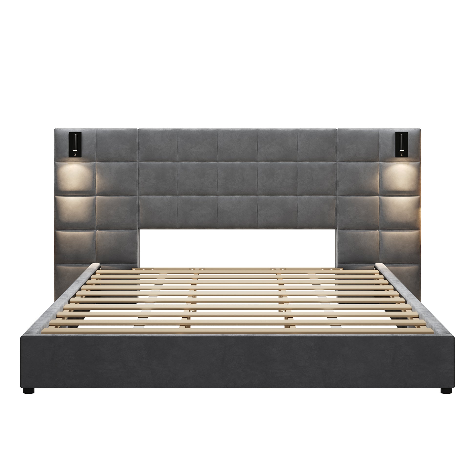 King Size Upholstered Bed Frame - Gray Velvet, Wide Headboard with USB Port
