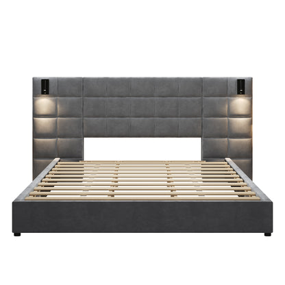 King Size Upholstered Bed Frame - Gray Velvet, Wide Headboard with USB Port
