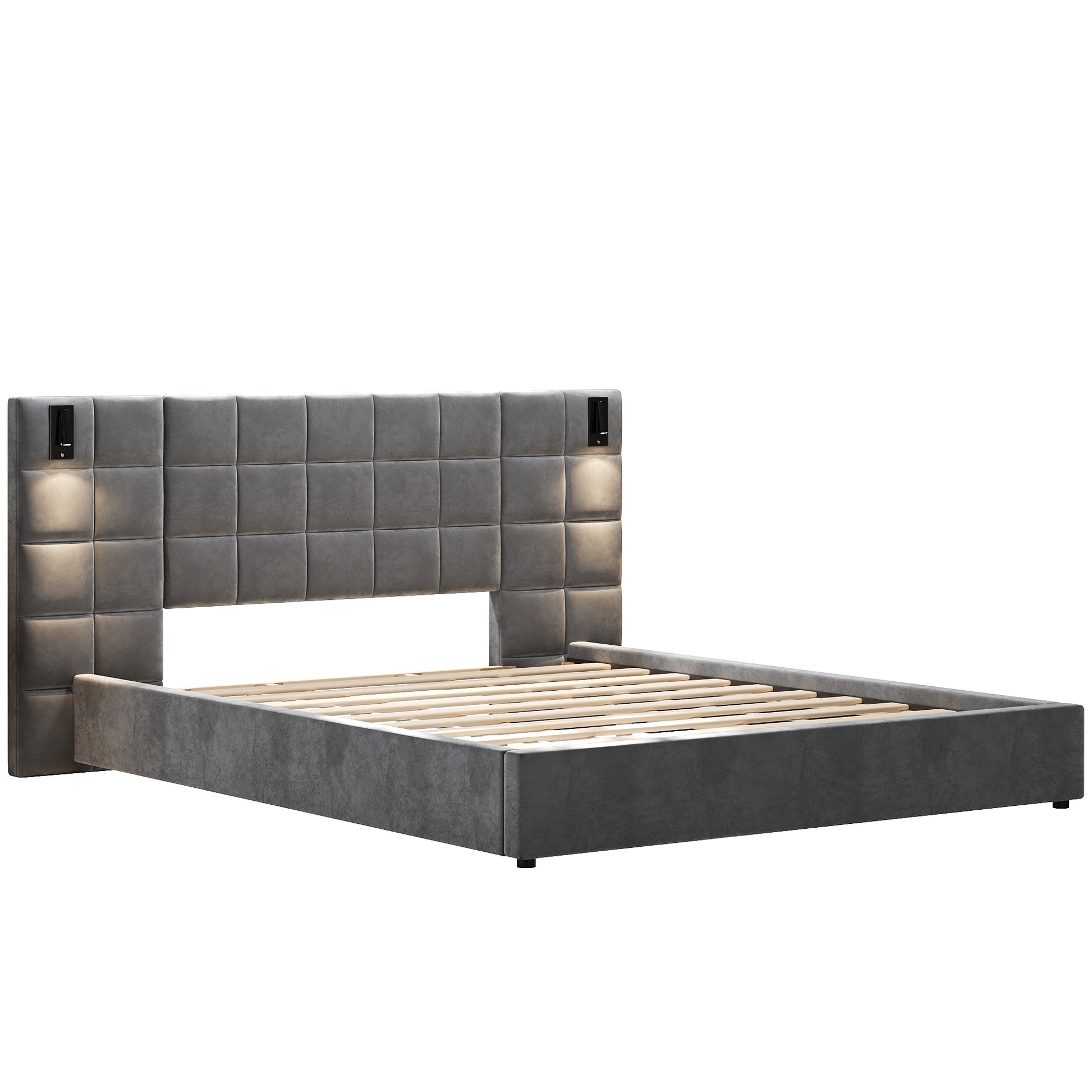 King Size Upholstered Bed Frame - Gray Velvet, Wide Headboard with USB Port