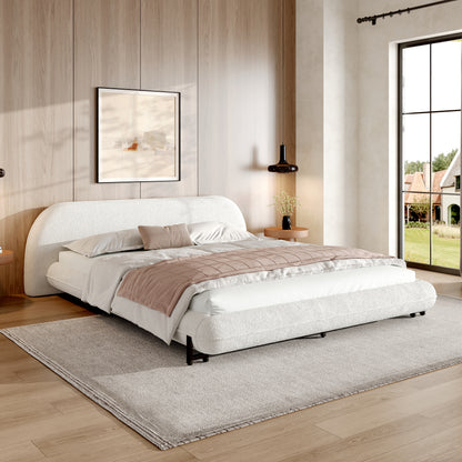Queen Size White Boucle Upholstered Bed Frame