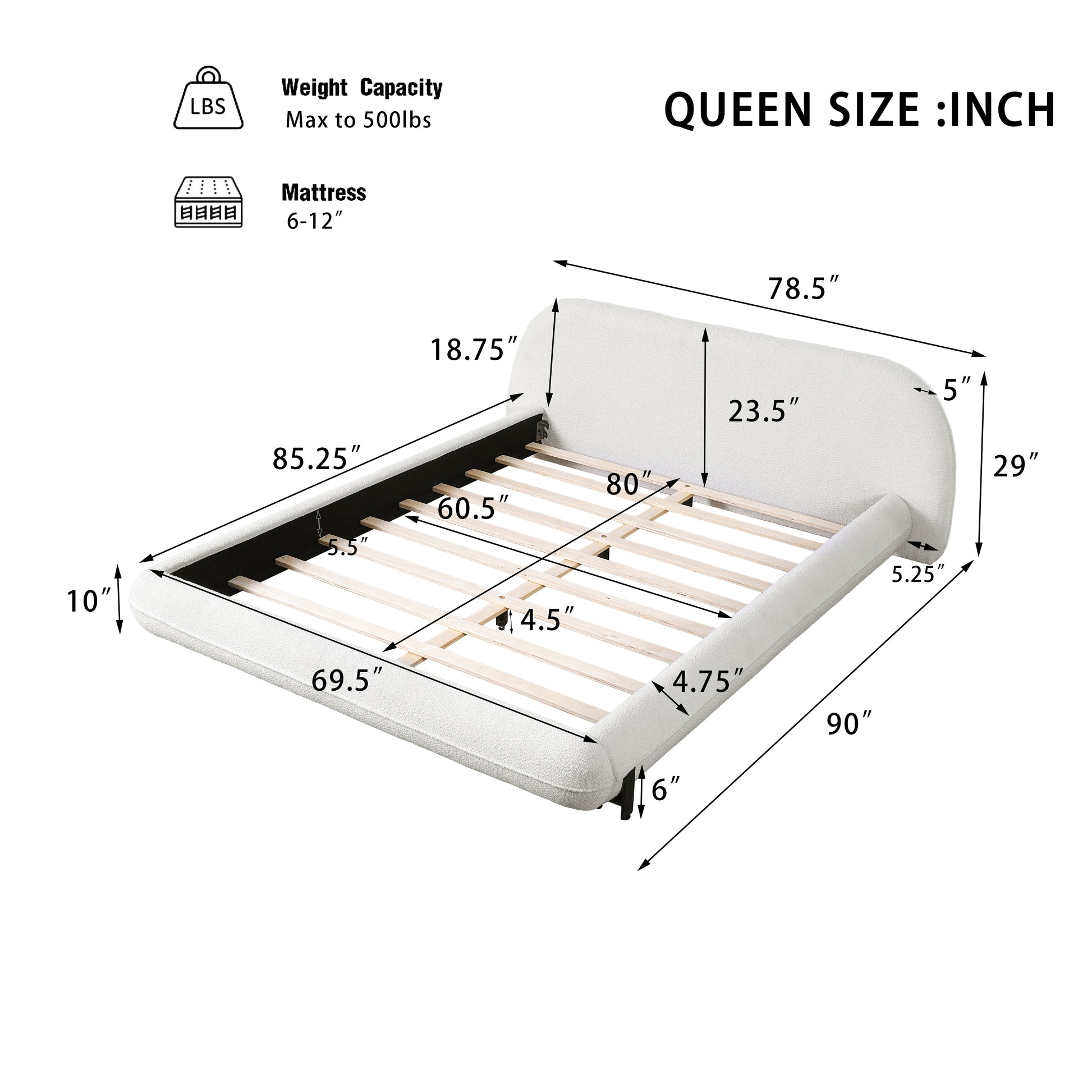 Queen Size White Boucle Upholstered Bed Frame