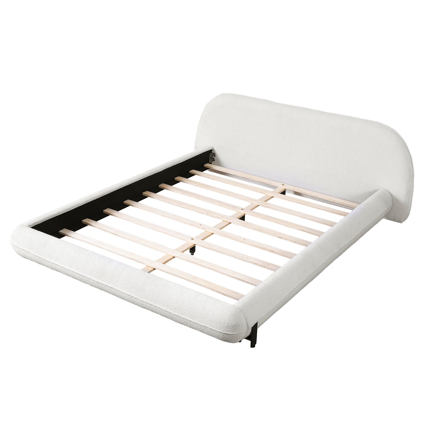 Queen Size White Boucle Upholstered Bed Frame