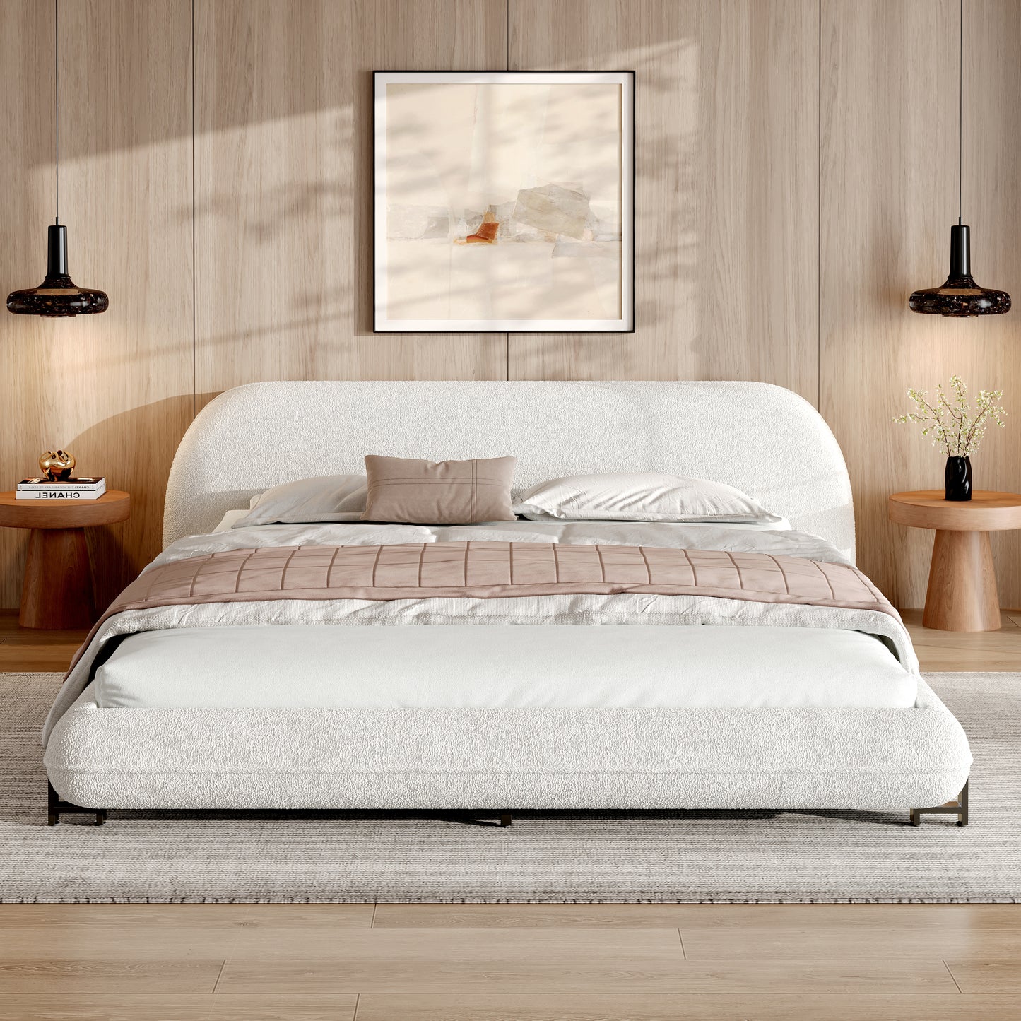 Queen Size Upholstered Bed Frame with Boucle Fabric and Steel Legs, White