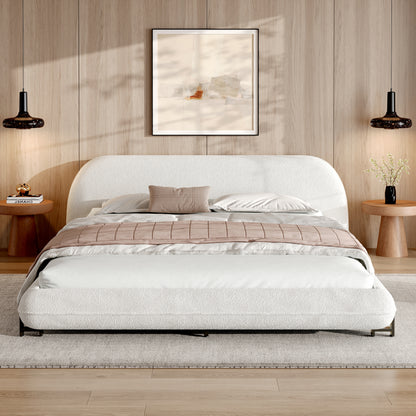 Queen Size Upholstered Bed Frame with Boucle Fabric and Steel Legs, White