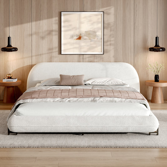 Queen Size Upholstered Bed Frame with Boucle Fabric and Steel Legs, White